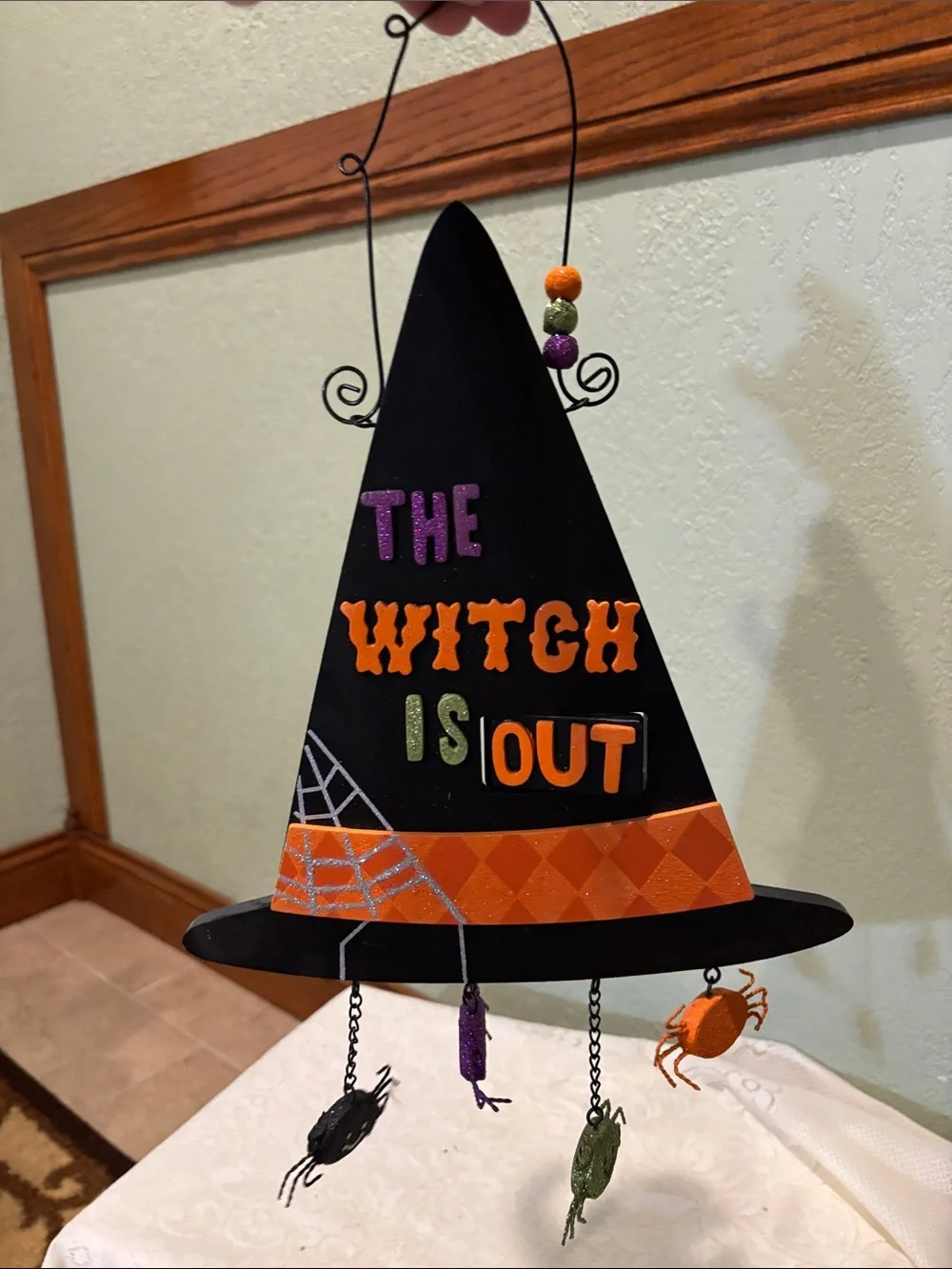 Halloween Witch Hat Door Hanger - Black with Orange & Purple Accents
